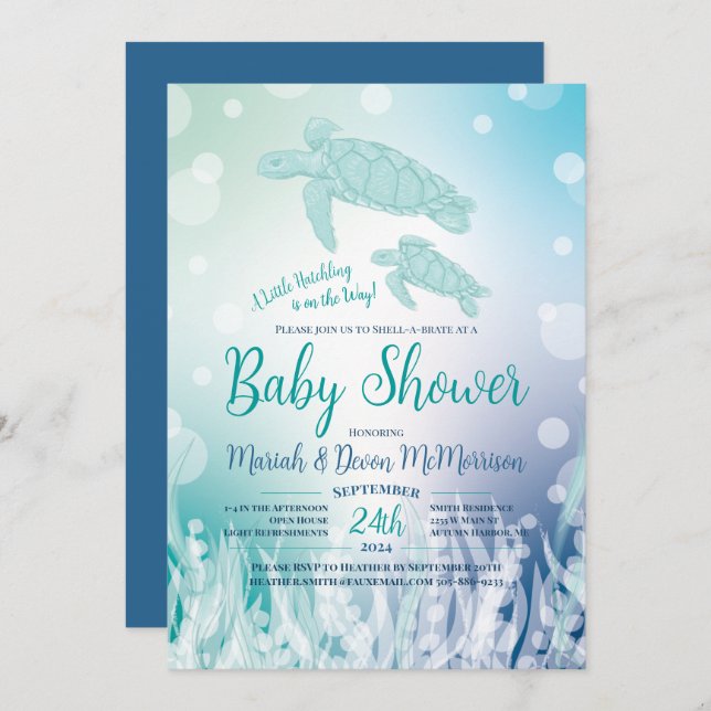 Invitation Baby shower des tortues de mer sous la mer (Devant / Derrière)