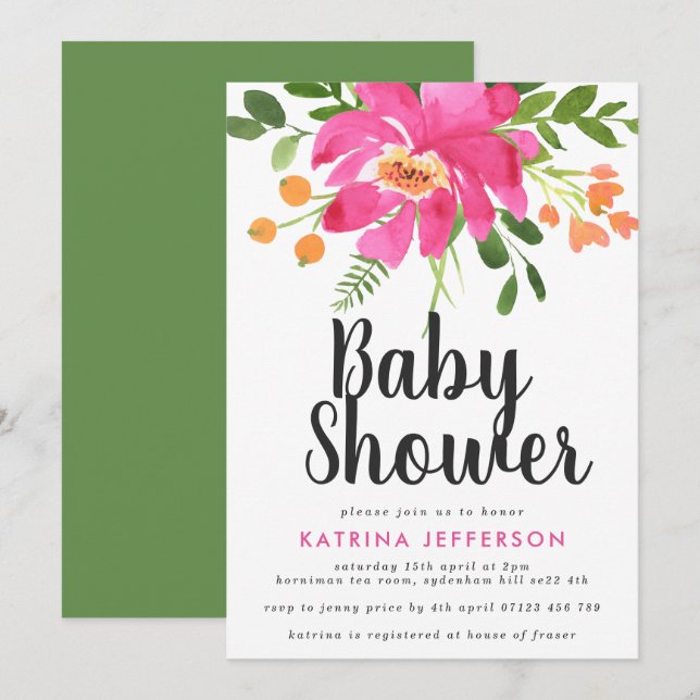 Invitation Baby shower des Tropiques aquarelles (Devant / Derrière)