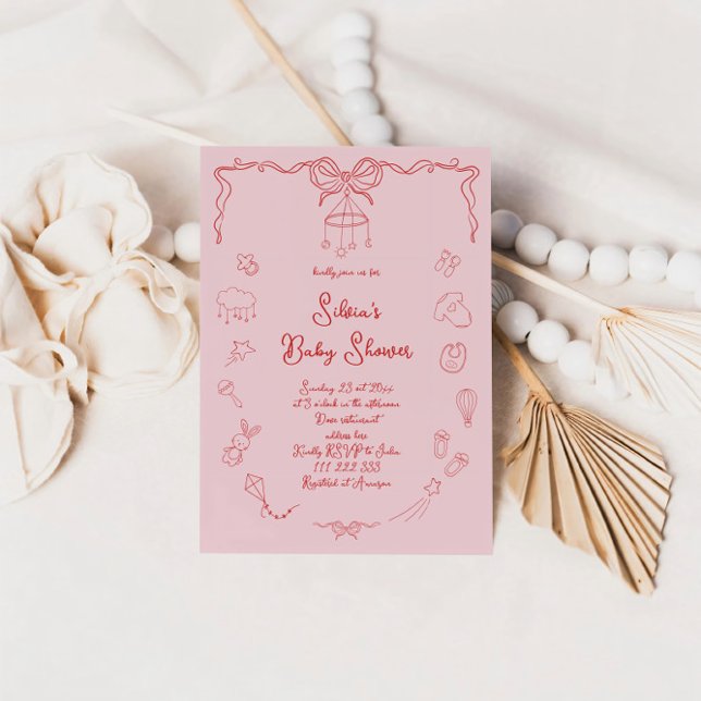 Invitation Baby-Shower Dessiné à la Main, Nœud Bébé Fille Man (Créateur téléchargé)