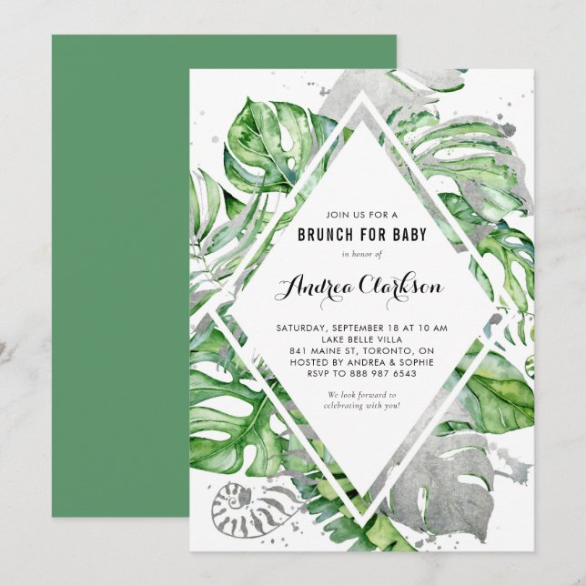 Invitation Baby shower d'été à huile d'argent Feuille tropica (Devant / Derrière)