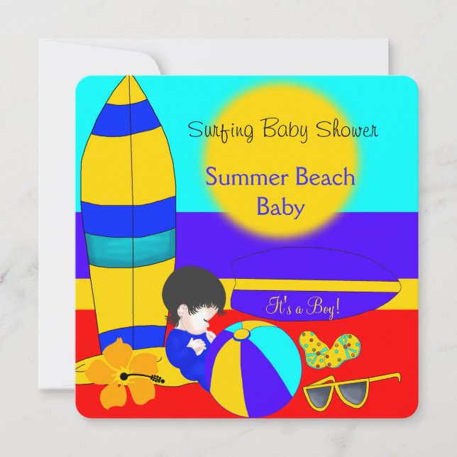Invitation Baby shower d'été Boy Beach Baby Surfing Baby 3 (Devant)