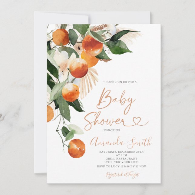 Invitation Baby shower d'été Citrus Orange bébé en fleurs (Devant)