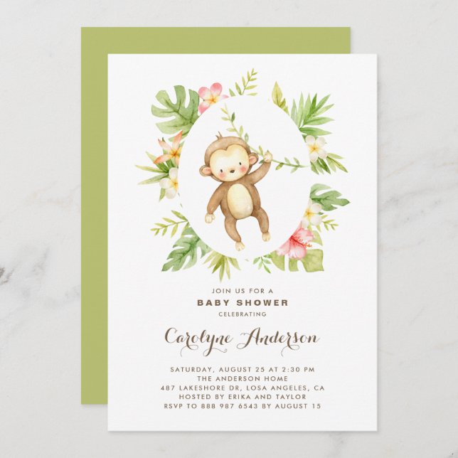 Invitation Baby shower d'été du singe d'aquarelle tropicale (Devant / Derrière)