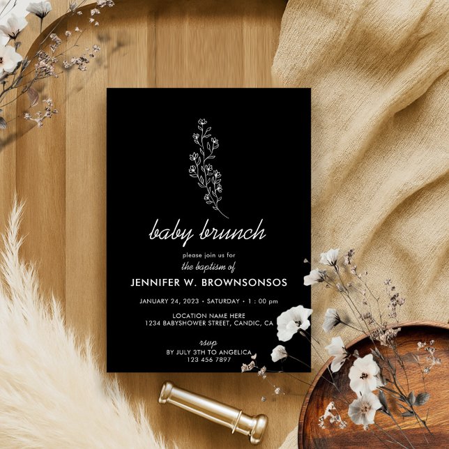 Invitation Baby shower d'été Floral noir et blanc (Créateur téléchargé)