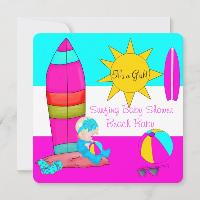 Invitation Baby shower d'été Girl Beach Baby Surfing Baby 4 (Devant)