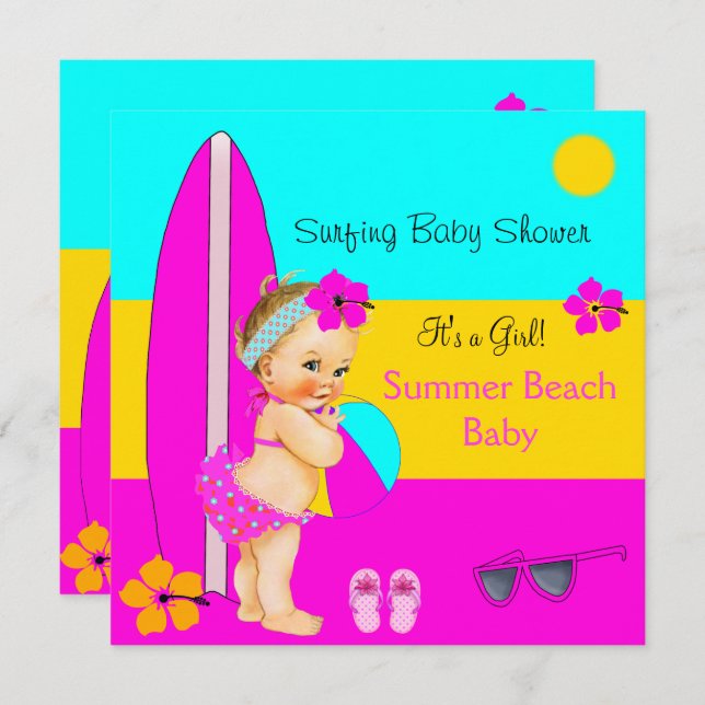Invitation Baby shower d'été Girl Beach Surf Blonde (Devant / Derrière)