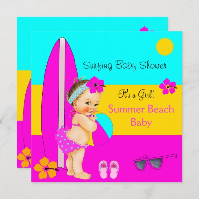 Invitation Baby shower d'été Girl Beach Surf Brunette (Devant / Derrière)