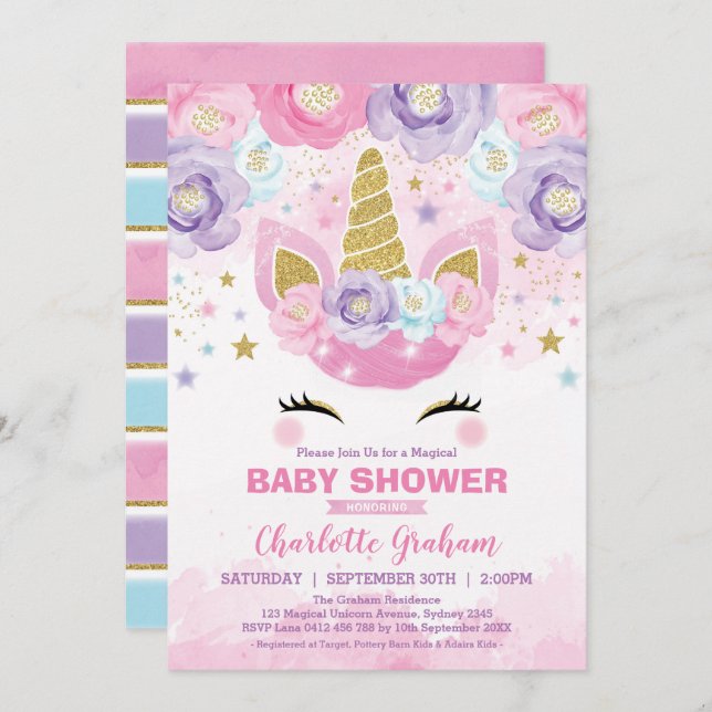 Invitation Baby shower d'étoiles magiques rose violet Unicorn (Devant / Derrière)