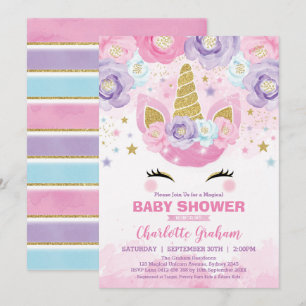 Invitation Baby shower d'étoiles magiques rose violet Unicorn
