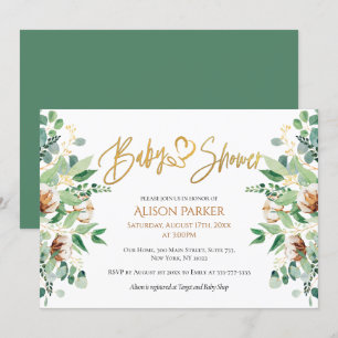 Invitation Baby shower d'Eucalyptus au Coeur d'or mignon