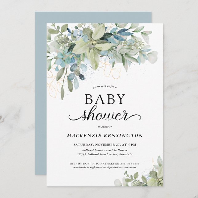 Invitation Baby shower d'Eucalyptus de couleur bleue (Devant / Derrière)