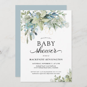 Invitation Baby shower d'Eucalyptus de couleur bleue