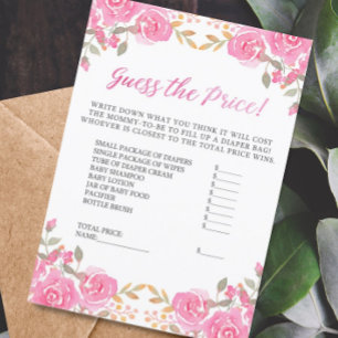 Invitation Baby shower Devinez le prix Pink Floral Game Card