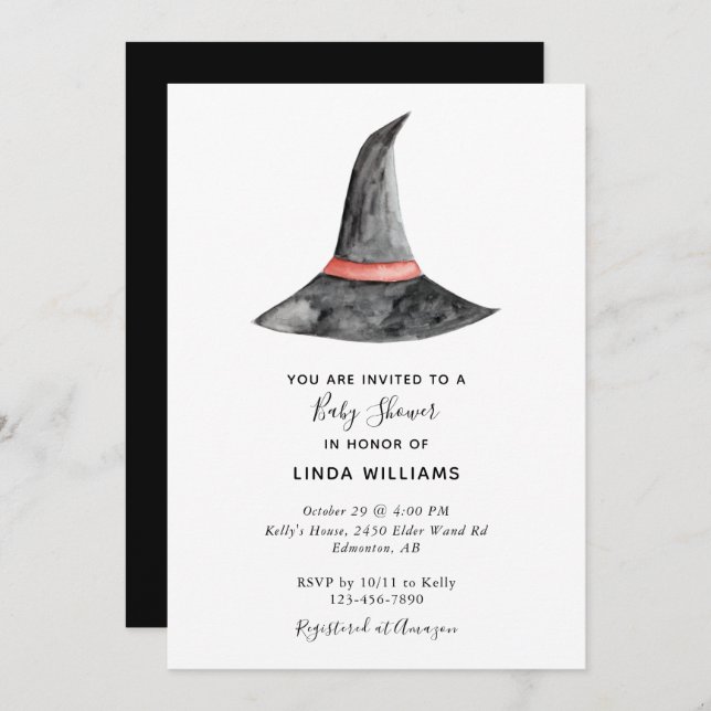 Invitation Baby shower d'Halloween Aquarelle sorcière Casquet (Devant / Derrière)