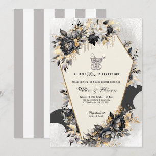 Invitation Baby shower d'Halloween Black et Gold Peonies