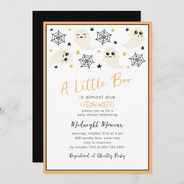Invitation Baby shower d'Halloween Black Orange Little Boo (Devant / Derrière)