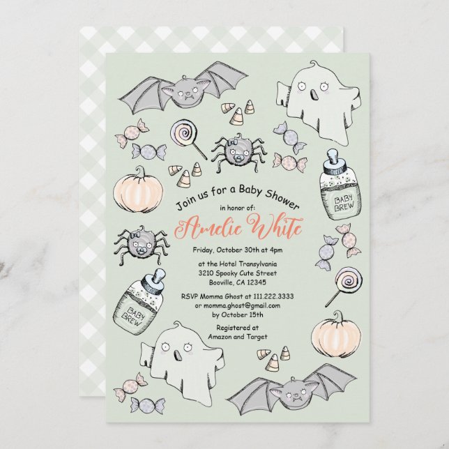 Invitation Baby shower d'Halloween, chauve-souris et araignée (Devant / Derrière)