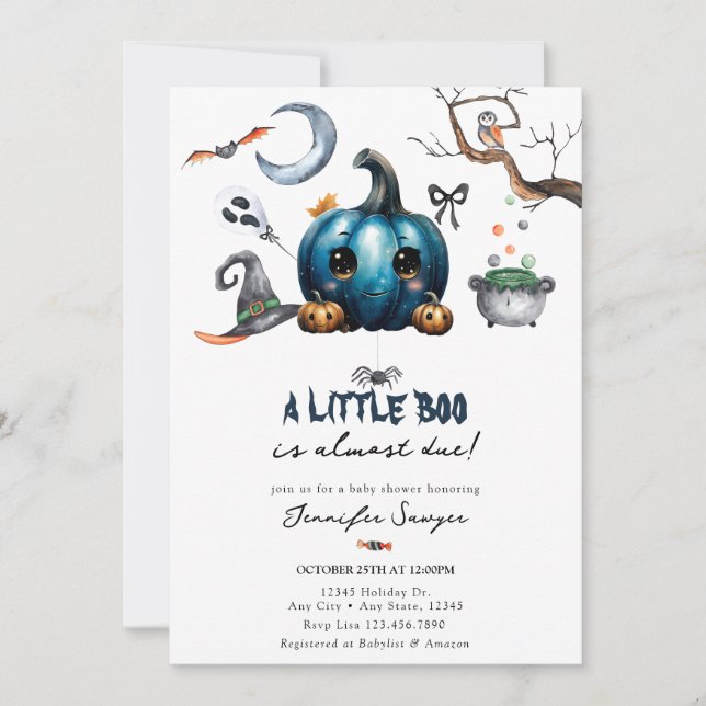 Invitation Baby shower d'Halloween | Citrouille bleu (Devant)
