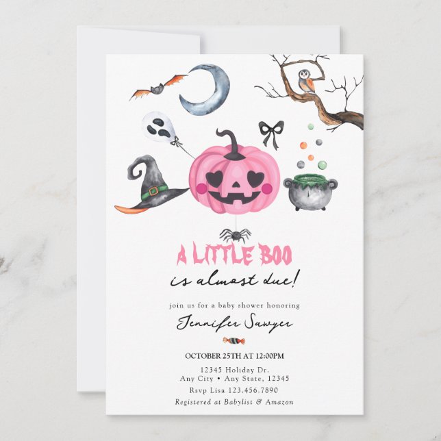 Invitation Baby shower d'Halloween | Citrouille rose (Devant)