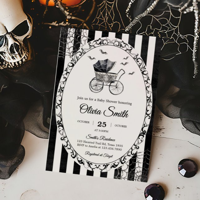 Invitation Baby shower d'Halloween de transport gothique (Gothic Vintage Baby Carriage Stroller Bats Halloween Baby Shower Invitation)
