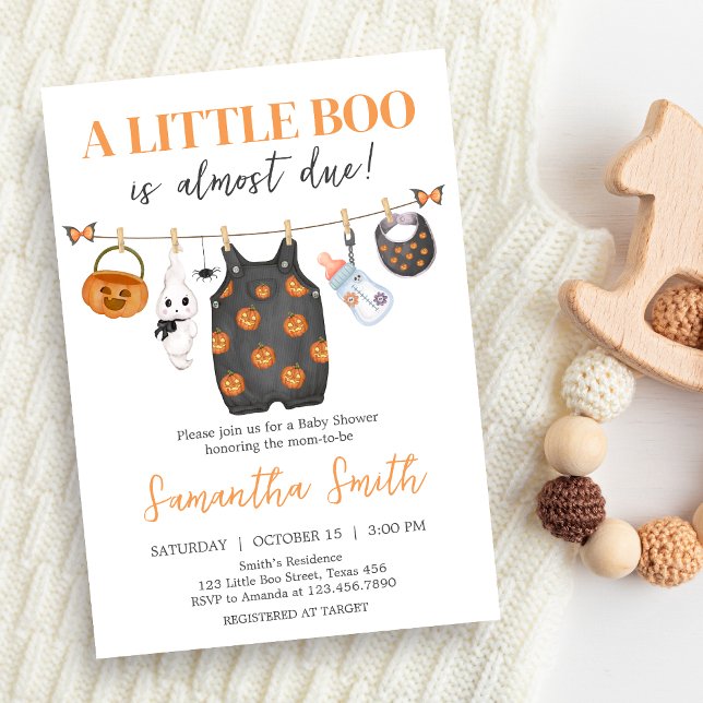 Invitation Baby shower d'Halloween du petit Citrouille Boo (Little Boo Pumpkin Clothesline Halloween Baby Shower Invitation)