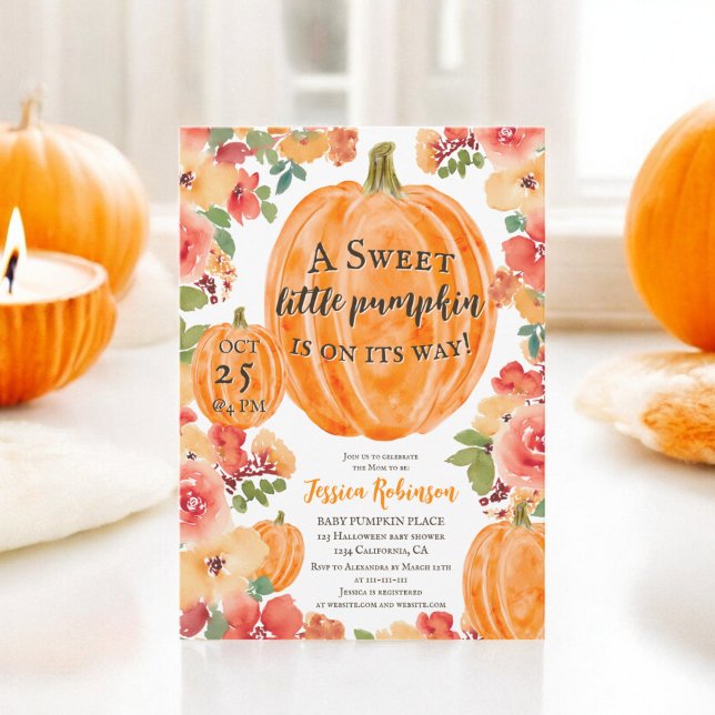 Invitation Baby shower d'halloween fleuri citrouille automne (Fall little pumpkin floral halloween baby shower invitation)