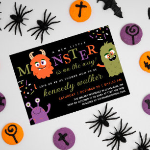 Invitation Baby shower d'Halloween Green Orange Little Monste