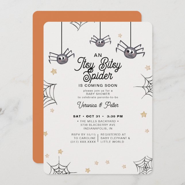 Invitation Baby shower d'Halloween neutre Itsy Bitsy Spider (Devant / Derrière)