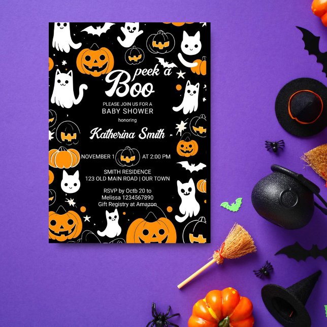 Invitation Baby shower d'Halloween regarder un bol mignon fan (Peek a boo Halloween baby shower template invitation digital download cute cat baby ghosts pumpkins)