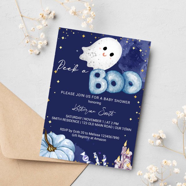 Invitation Baby shower d'Halloween regarder un garçon mignon  (Peek a boo Halloween baby shower invitation instant download cute baby ghost pumpkin navy blue)
