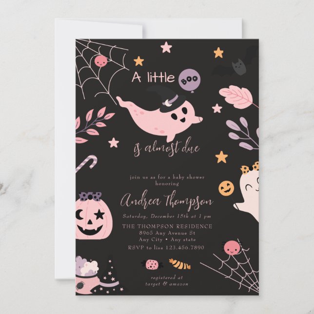 Invitation Baby shower d'Halloween rose (Devant)