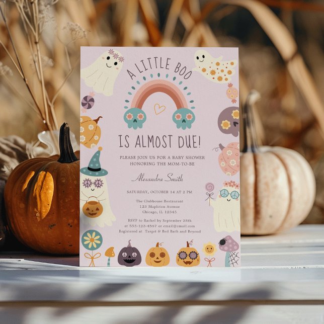 Invitation Baby shower d'Halloween Super Little Boo Retro (Little Boo Retro Halloween Baby Shower Invitation - Groovy Ghost, Pumpkin, Rainbow & Candy )