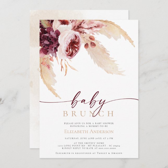 Invitation Baby shower d'herbe tropicale Pampas de Bohême Bru (Devant / Derrière)