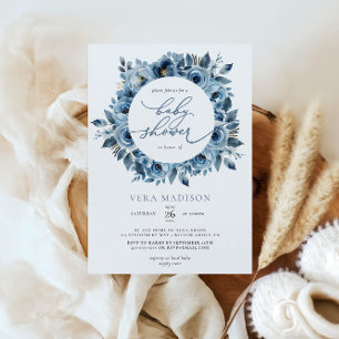 Invitation Baby shower d'hiver à cadre floral bleu poussiéreu