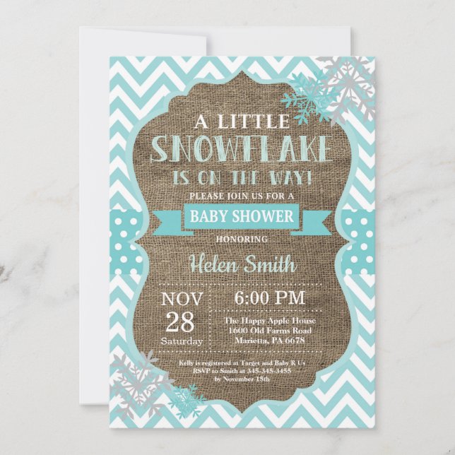Invitation Baby Shower d'hiver Aqua Flocon de Neige Burlap (Devant)