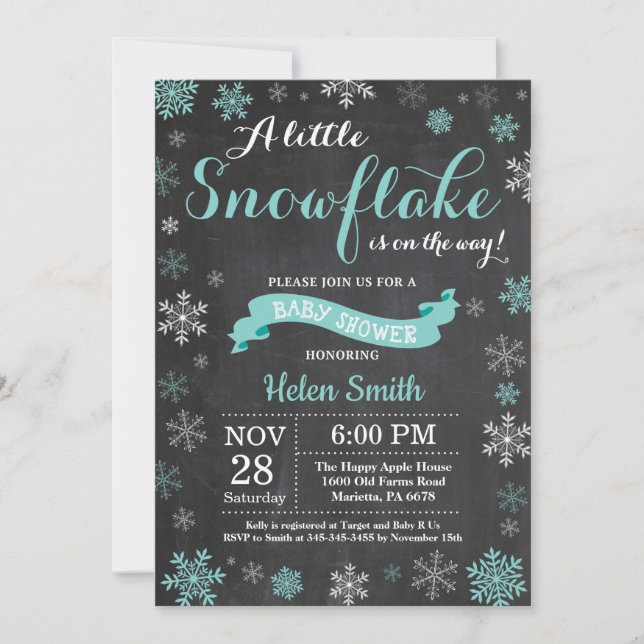 Invitation Baby shower d'hiver Aqua Snowflake Chalkboard (Devant)