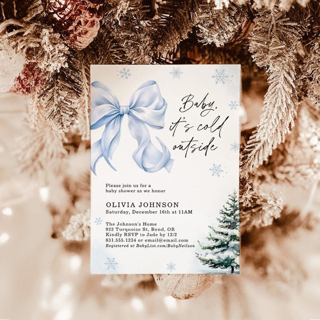 Invitation Baby shower d'hiver, Bleu Bow Il fait froid dehors (Créateur téléchargé)