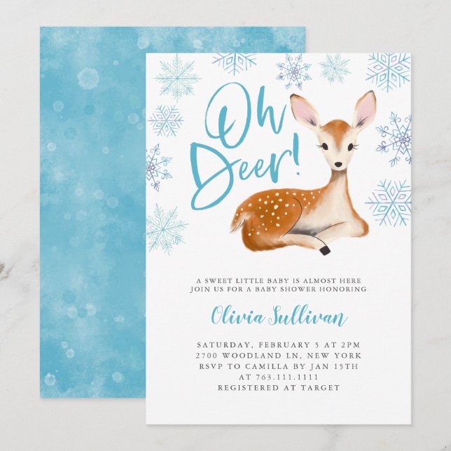 Invitation Baby shower d'hiver bleu cerf (Devant / Derrière)