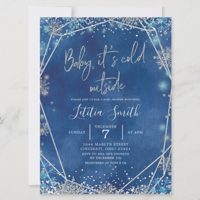Invitation Baby shower d'hiver bleu et argent de la marine (Devant)
