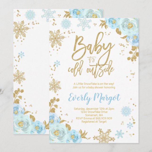 Invitation Baby shower D'Hiver Bleu Et Or (Devant / Derrière)