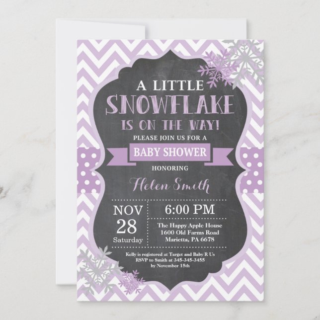 Invitation Baby shower d'hiver Chalet de flocon de neige viol (Devant)