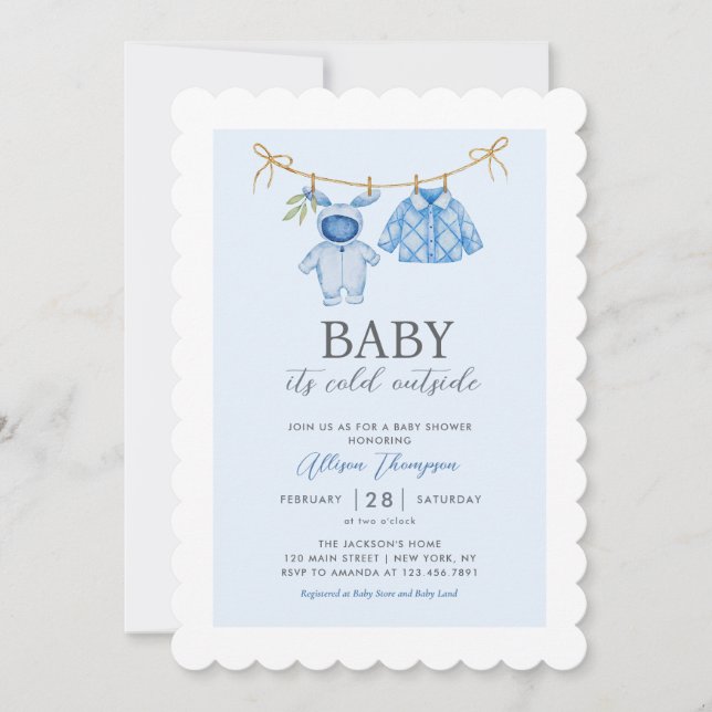 Invitation Baby shower d'hiver Cute Blue Boy Clothesline (Devant)