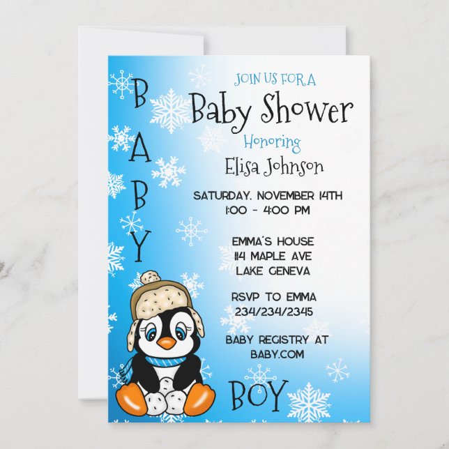 Invitation Baby shower d'hiver de bébé Penguin (Devant)