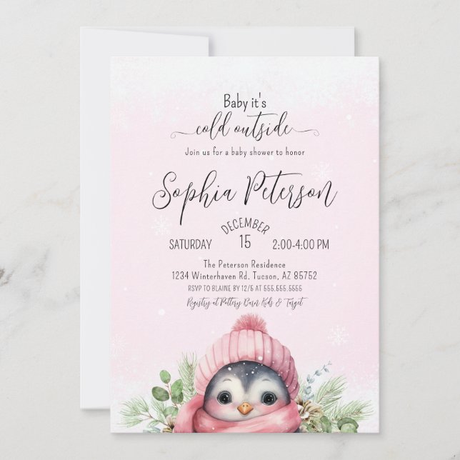 Invitation Baby shower d'hiver de fille rose mignonne (Devant)
