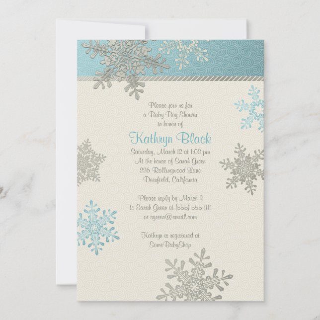 Invitation Baby shower d'hiver de flocons d'ivoire d'argent b (Devant)