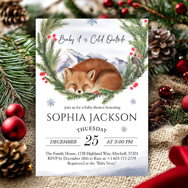 Invitation Baby shower d'hiver de Fox de bois à l'extérieur f (Cold Outside Woodland Fox Winter Baby Shower Invitation)