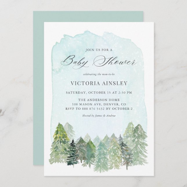 Invitation Baby shower d'hiver de la forêt de neige (Devant / Derrière)