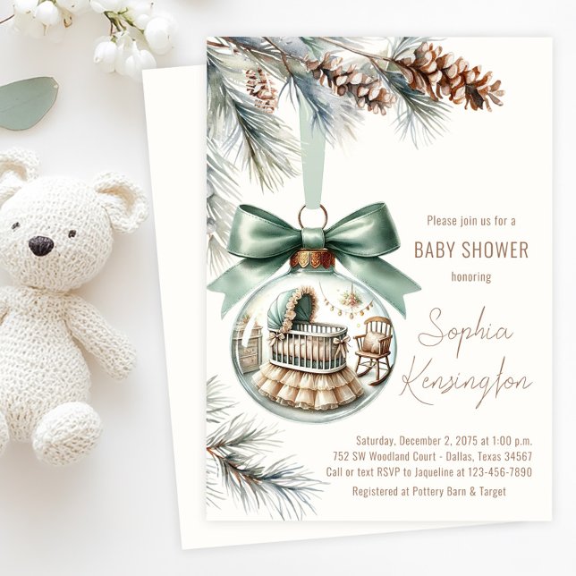 Invitation Baby shower d'hiver de l'ornement d'arbre de Noël (Boy's Christmas tree ornament baby shower invitation with glass ornament with sweet nursery  scene.)