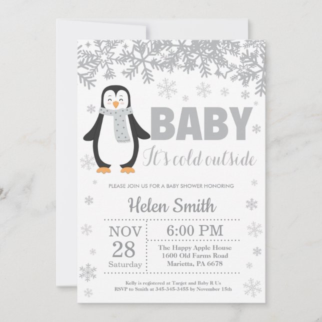 Invitation Baby shower d'hiver de Penguin Snowflake Invitatio (Devant)