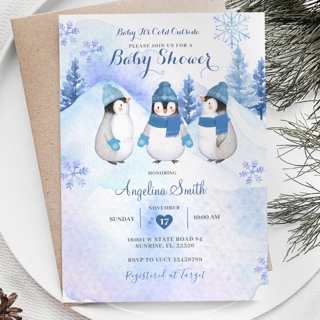 Invitation Baby shower d'hiver de Pingouin blanc (Créateur téléchargé)